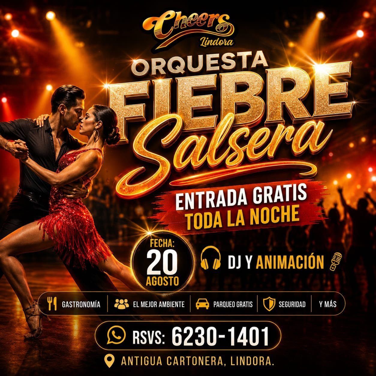 Poster for Orquesta Fiebre Salsera event at Cheers Taberna featuring dancing couple, free entry, August 20, DJ and live music in Lindora