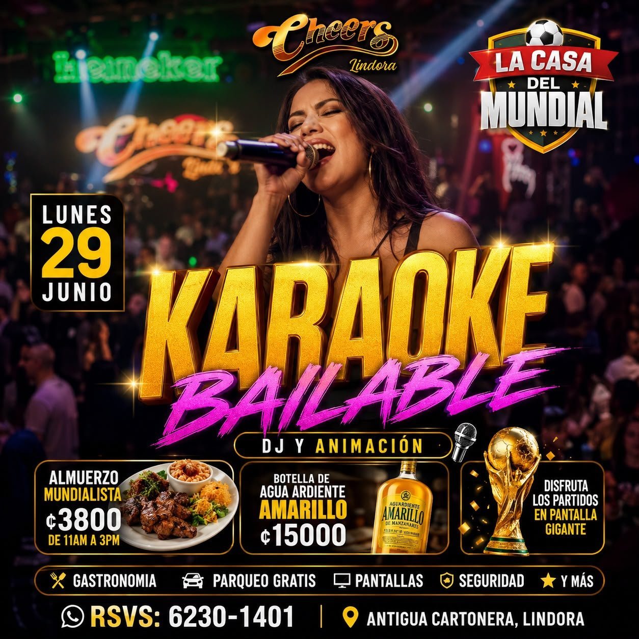 Karaoke Bailable event flyer for Monday June 29 at Cheers bar featuring DJ, food, drinks and entertainment