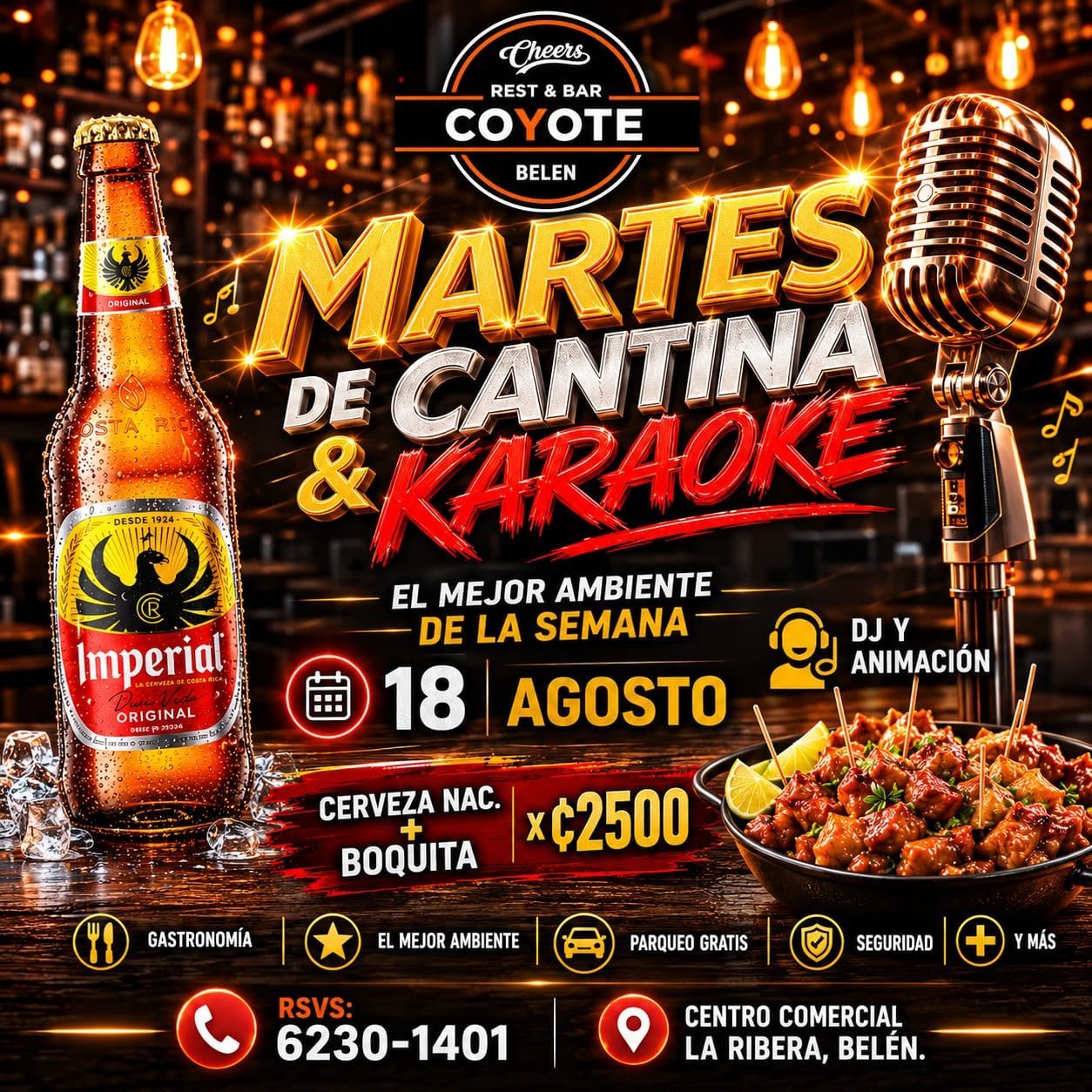 Promotional poster for Martes de Cantina and Karaoke at Coyote Rest and Bar featuring beer, microphone, and food on August 18