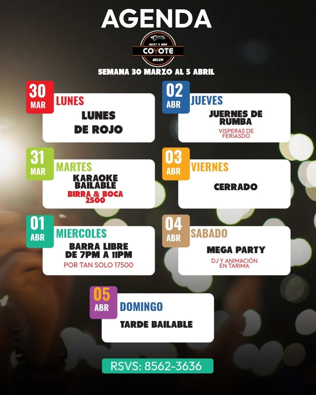 Weekly agenda for Coyote Bar from March 30 to April 5, listing daily events including karaoke, parties, and happy hours with contact number