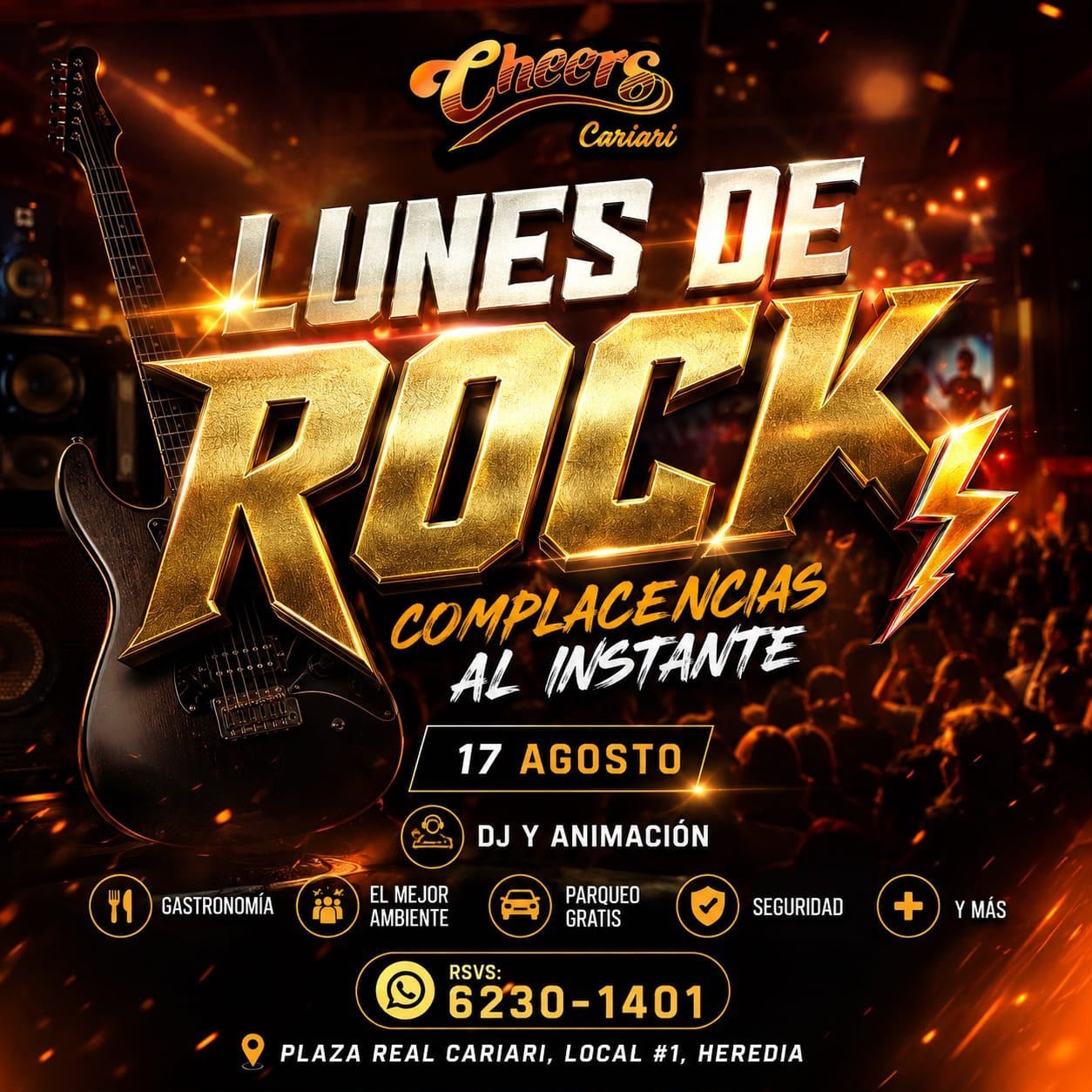 Poster for rock music event at Cheers Cariari on August 17 featuring DJ, live performances, and entertainment