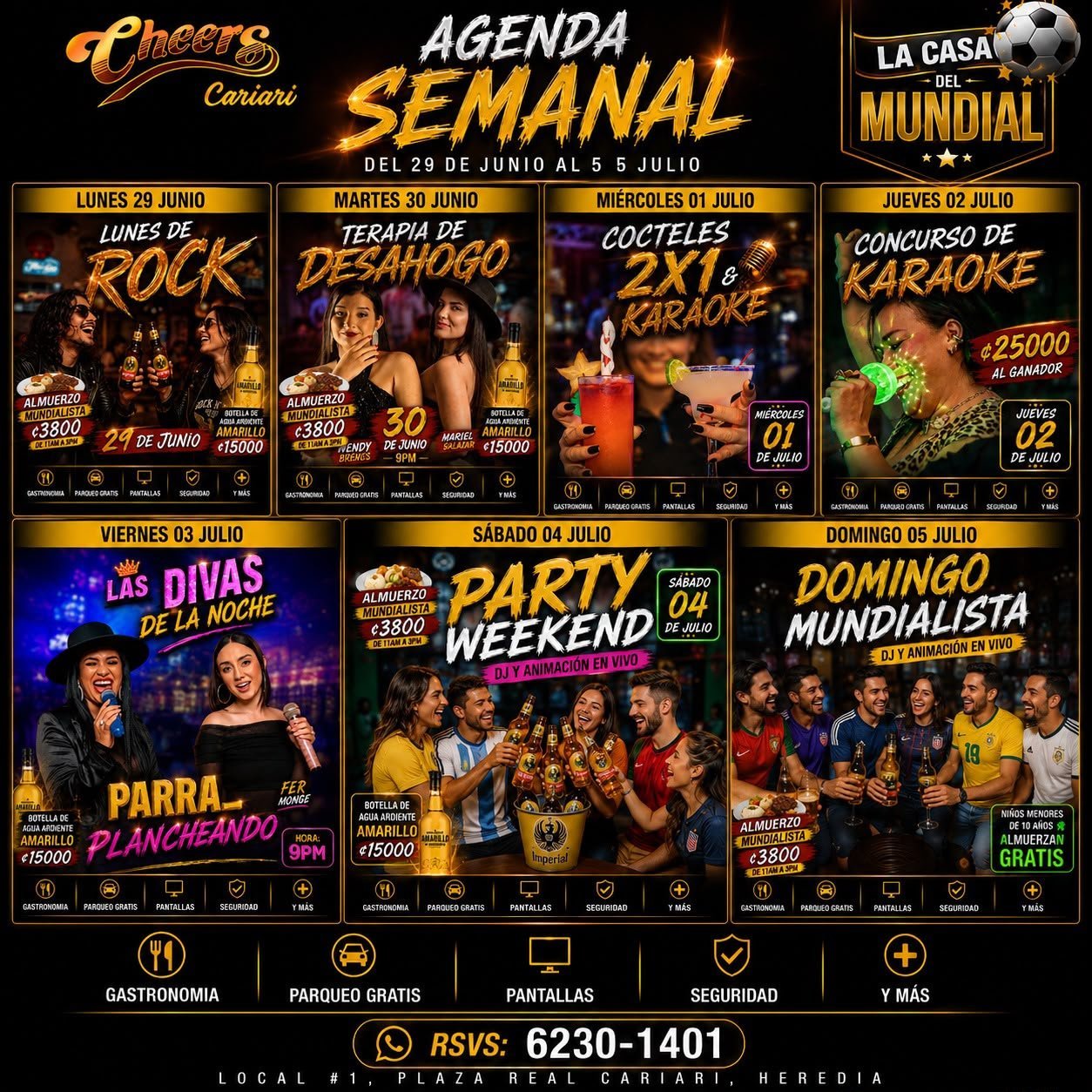 Weekly event agenda poster for Cheers Cantina featuring live rock, karaoke nights, DJ parties and themed events from June 29 to July 5
