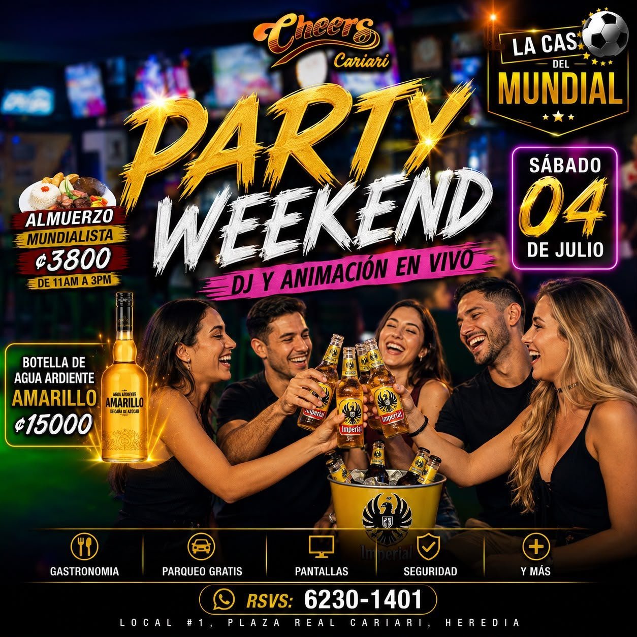 Party Weekend flyer for a nightclub event on Saturday, July 4th featuring live DJ and animation, drink specials, and reservations number