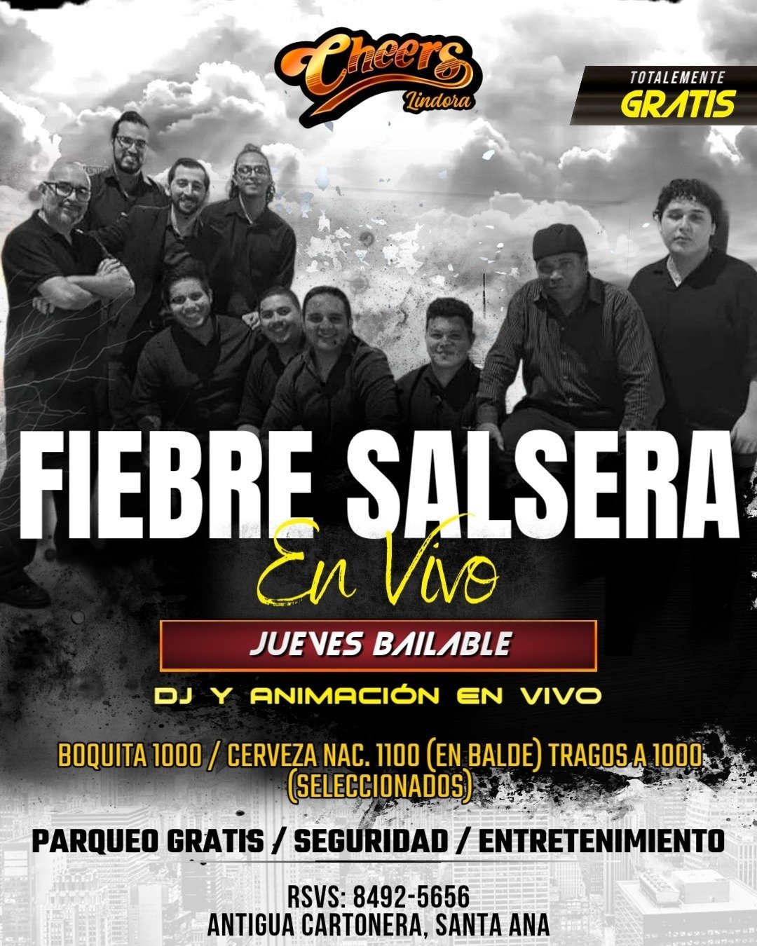 Fiebre Salsera En Vivo promotional poster featuring Chacers Licorera band performing Thursday with DJ and animation, free entry