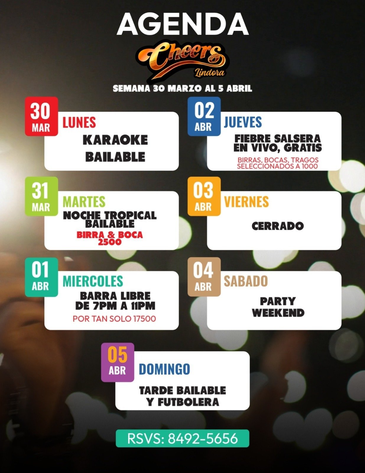 Event agenda for Cheers Cantina from March 30 to April 5, listing daily activities including karaoke, tropical night, and party weekend