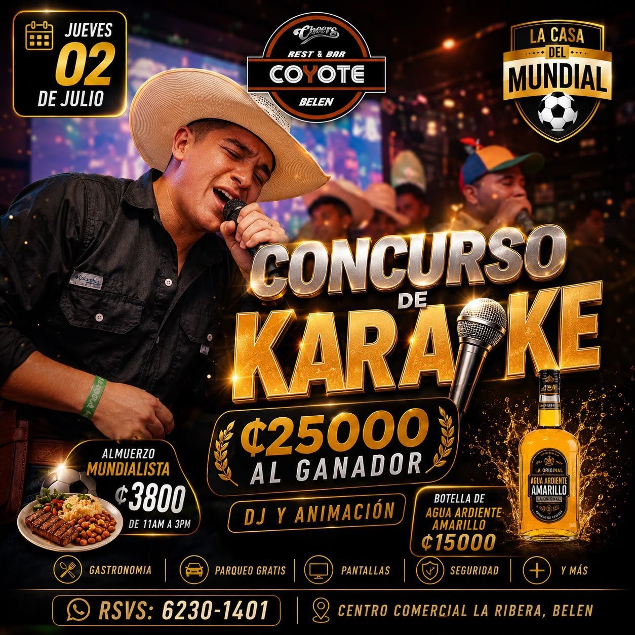 Karaoke contest flyer featuring a man in cowboy hat singing, with 25000 prize, event details for Thursday July 2 at Coyote Belen