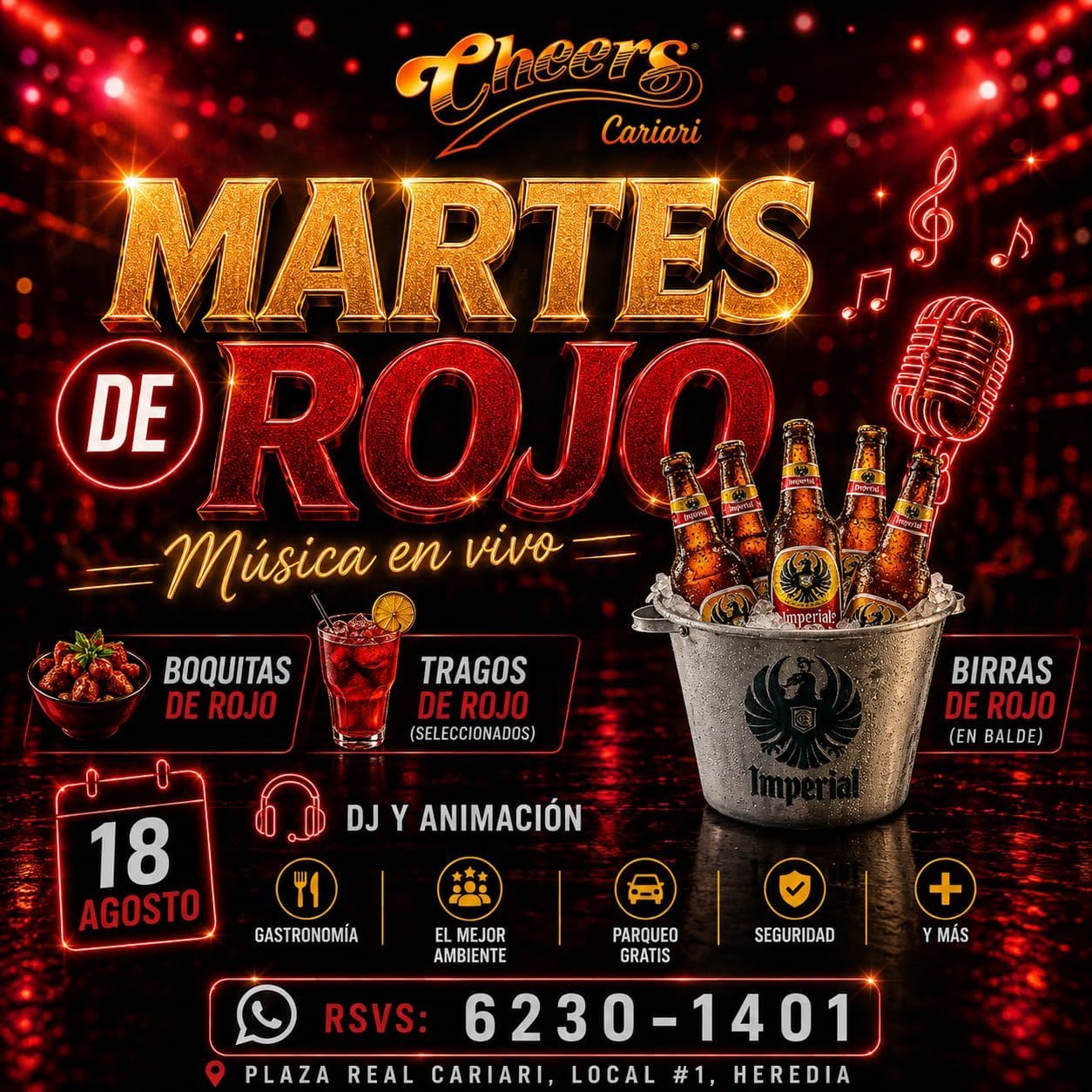 Red Tuesday event flyer for Cheers Cariari featuring live music, drinks, and DJ entertainment on August 18