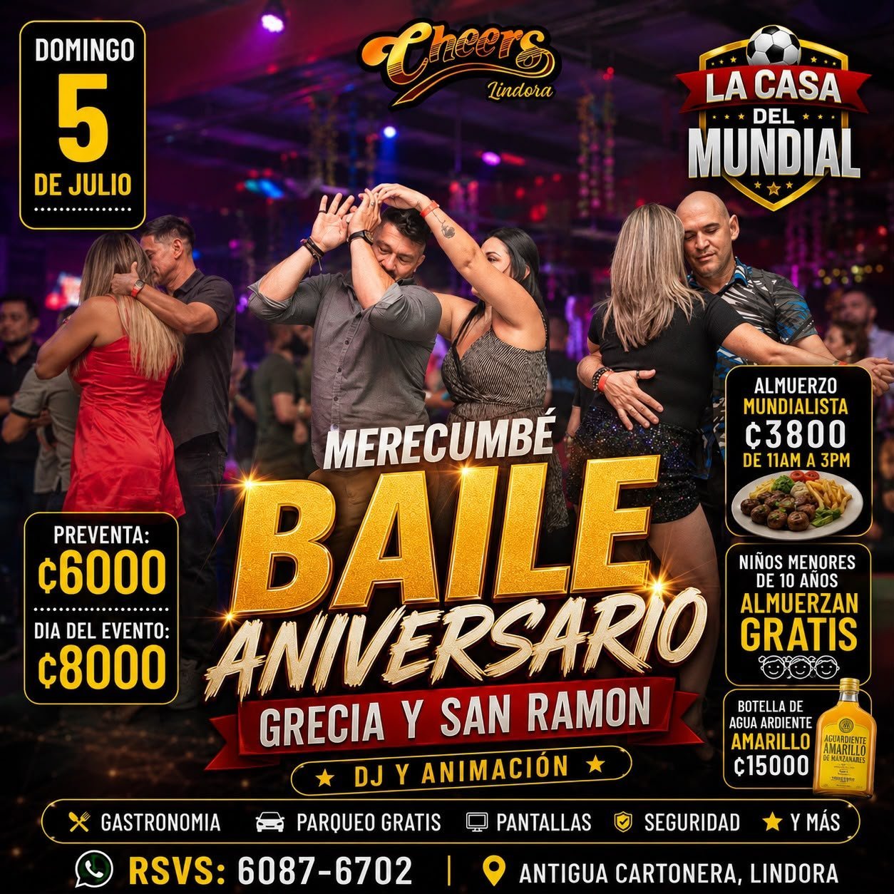 Poster for anniversary dance party on July 5 at Cheers nightclub in Grecia and San Ramon, featuring people dancing and event details