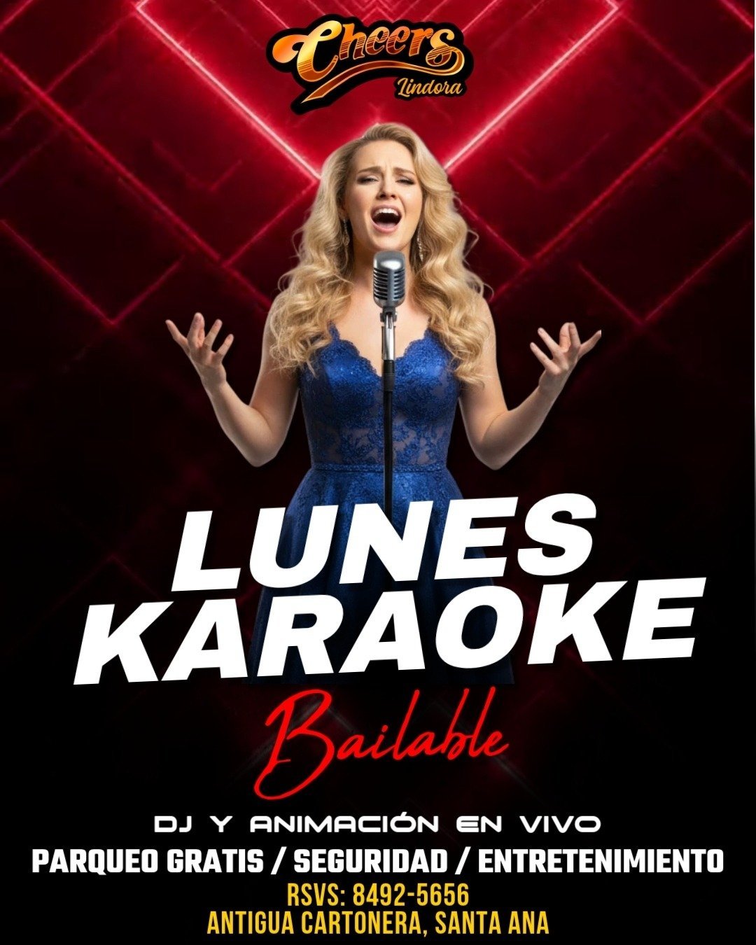 Woman in blue dress singing at microphone with Cheers Lantern karaoke event poster for Monday night
