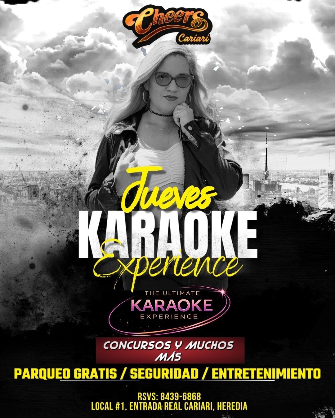 Cheers Cantina Jueves Karaoke Experience event poster featuring a woman with glasses and blonde hair against a cloudy cityscape background