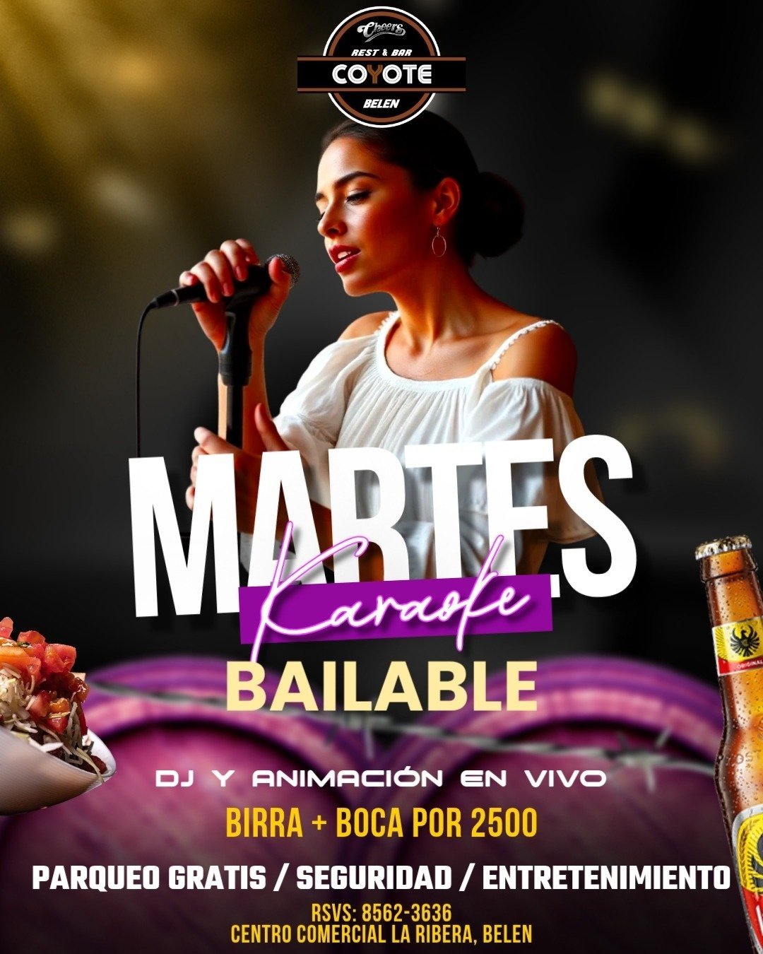 Event poster for Martes Karaoke Bailable at Coyote bar in Belen, featuring a woman singing into a microphone, beer bottles, and event details including DJ and live entertainment