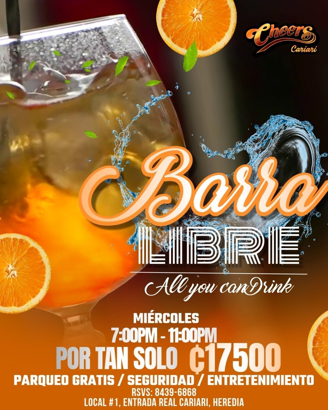 Promotional flyer for Barra Libre all-you-can-drink event on Wednesdays 7-11pm at Cheers Carioca nightclub featuring orange slices and cocktail imagery