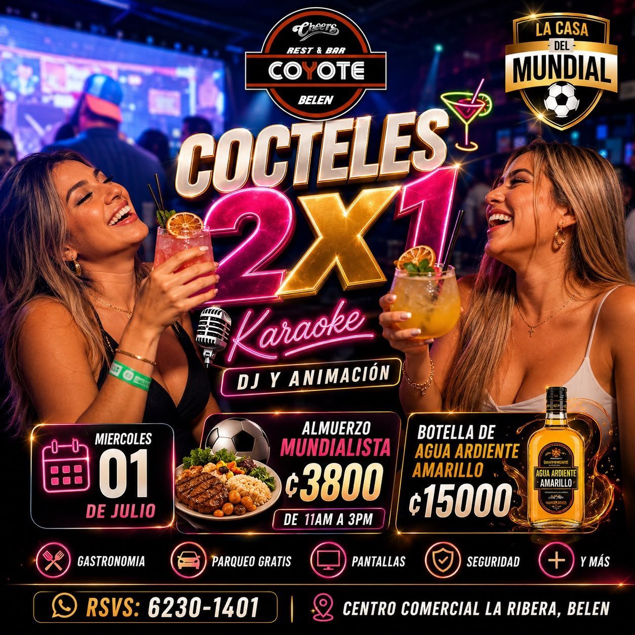 Promotional poster for Coyote nightclub cocktail event with 2x1 karaoke, DJ and food specials on July 1st