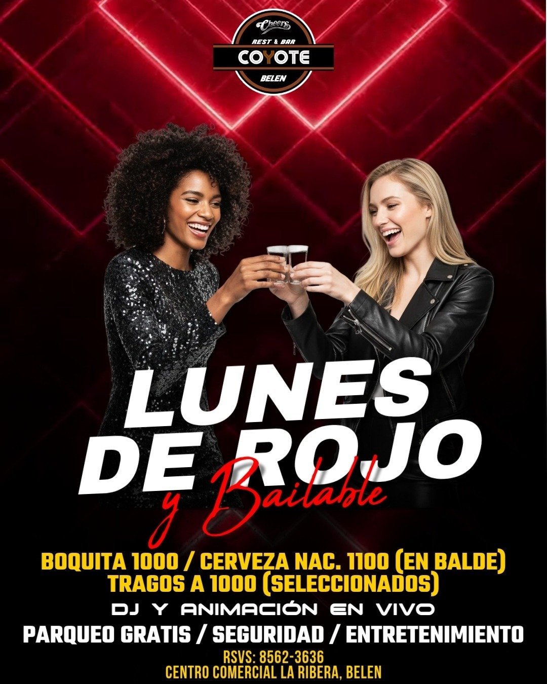 Two women toasting drinks at a neon-lit promotional poster for Lunes de Rojo y Bailale event at Centro Comercial La Ribera