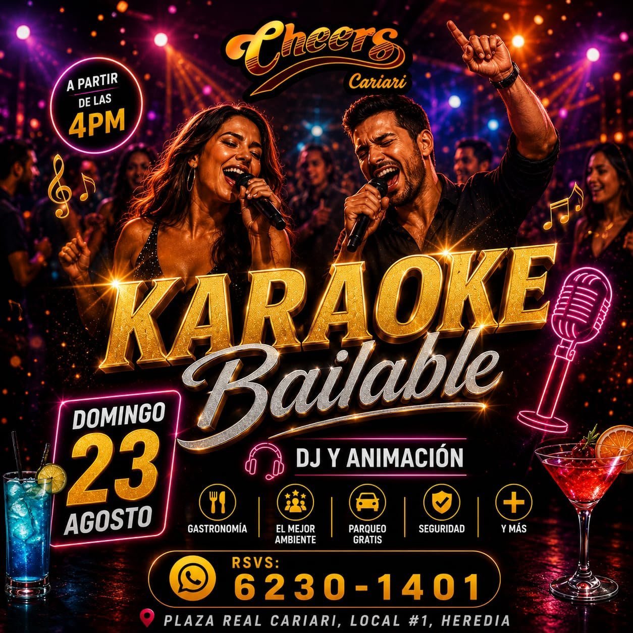 Karaoke Bailable event poster at Cheers Cariari with performers, happening Sunday August 23 at 4PM with DJ and entertainment