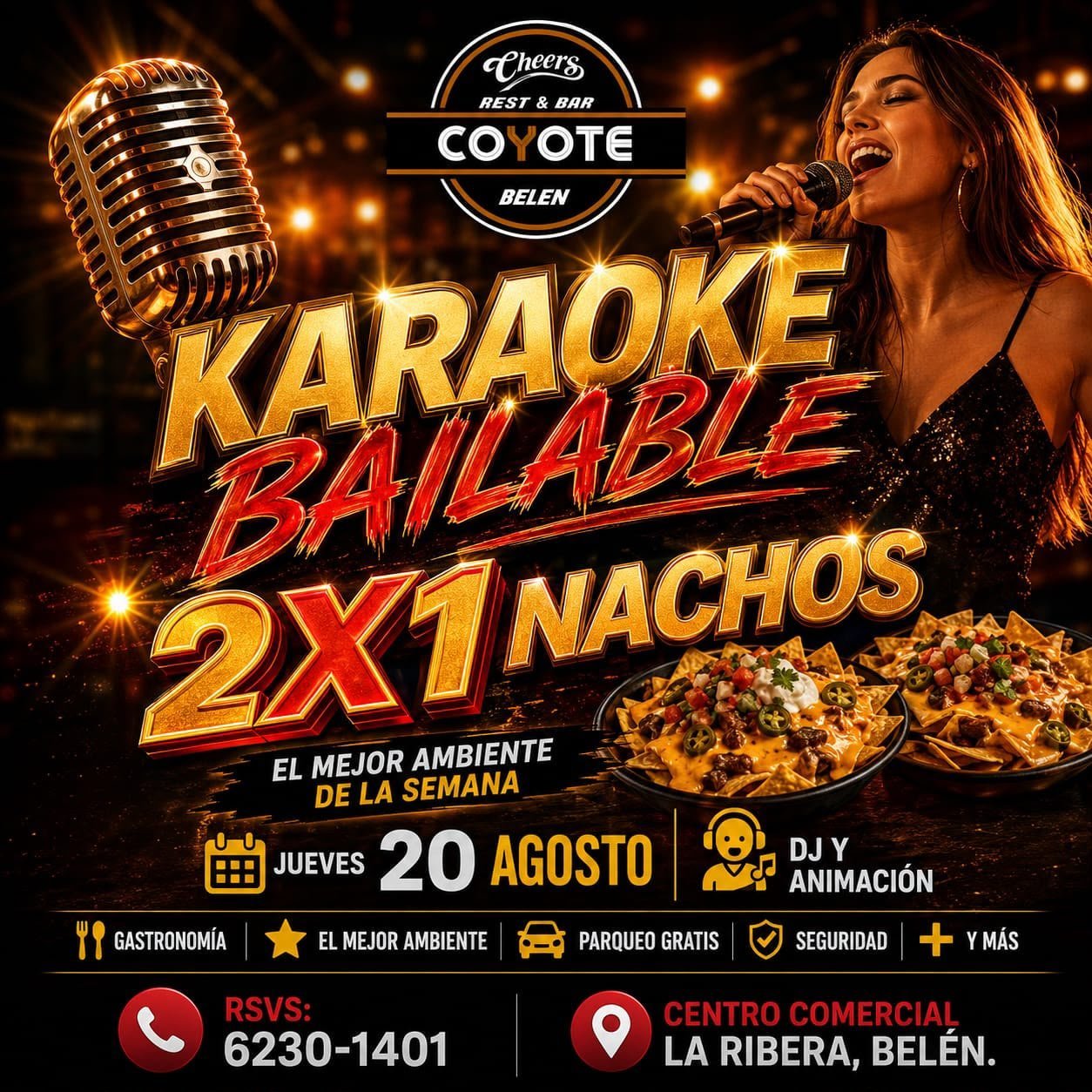 Karaoke Bailaable promotional flyer for Coyote bar featuring woman singing with microphone, 2x1 nachos offer, August 20 event