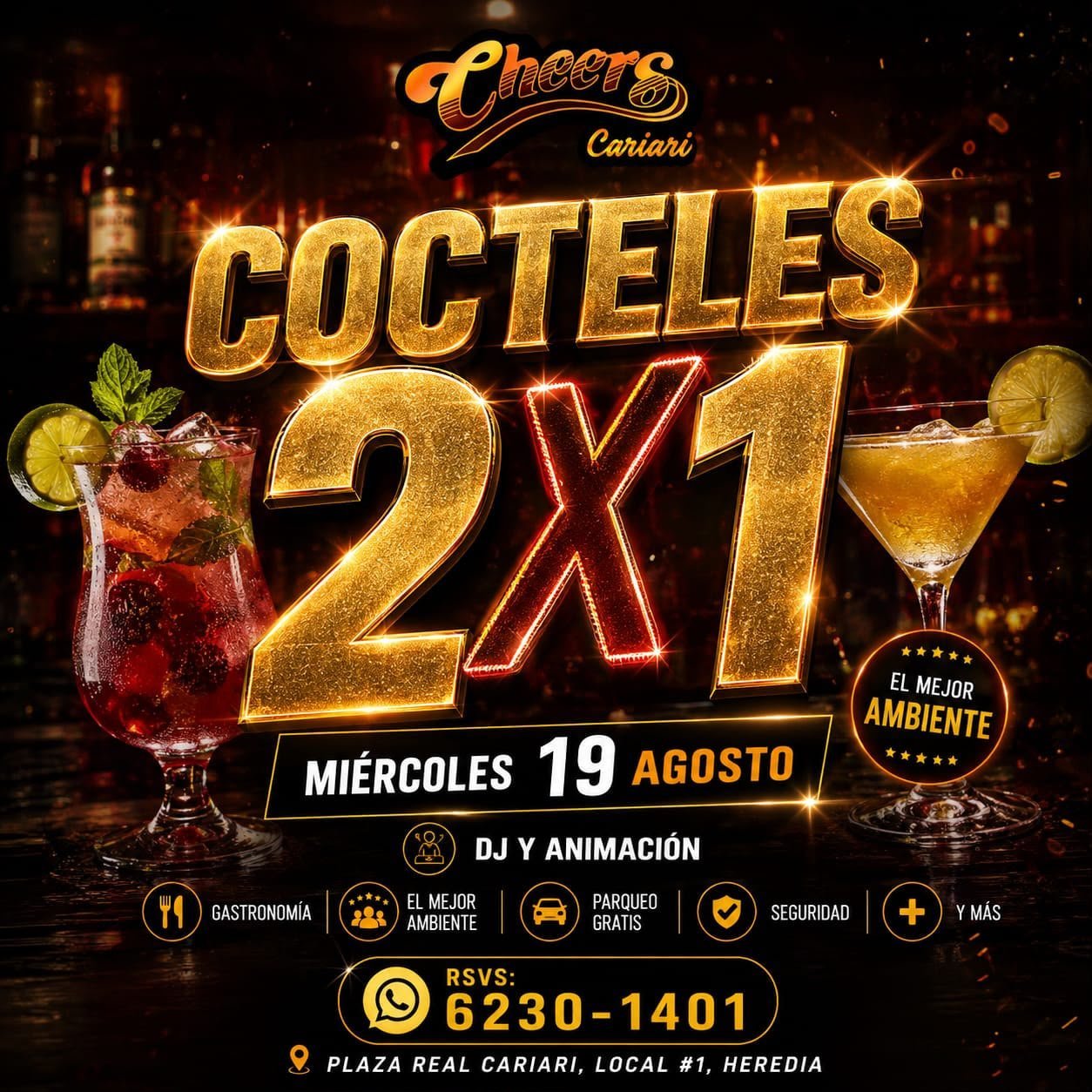 Promotional flyer for Cheers Cariart showing 2x1 cocktails deal on Wednesday August 19 with DJ and entertainment