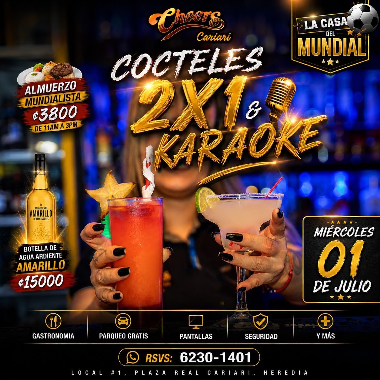Promotional flyer for 2x1 cocktails and karaoke night at Cheers cantina, featuring drinks and event details