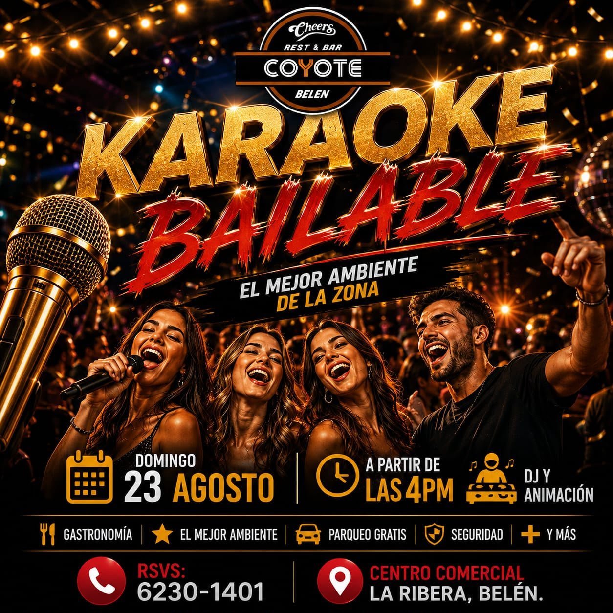 Karaoke Bailable event poster for Coyote Belly bar showing four people singing with a microphone and festive lights background