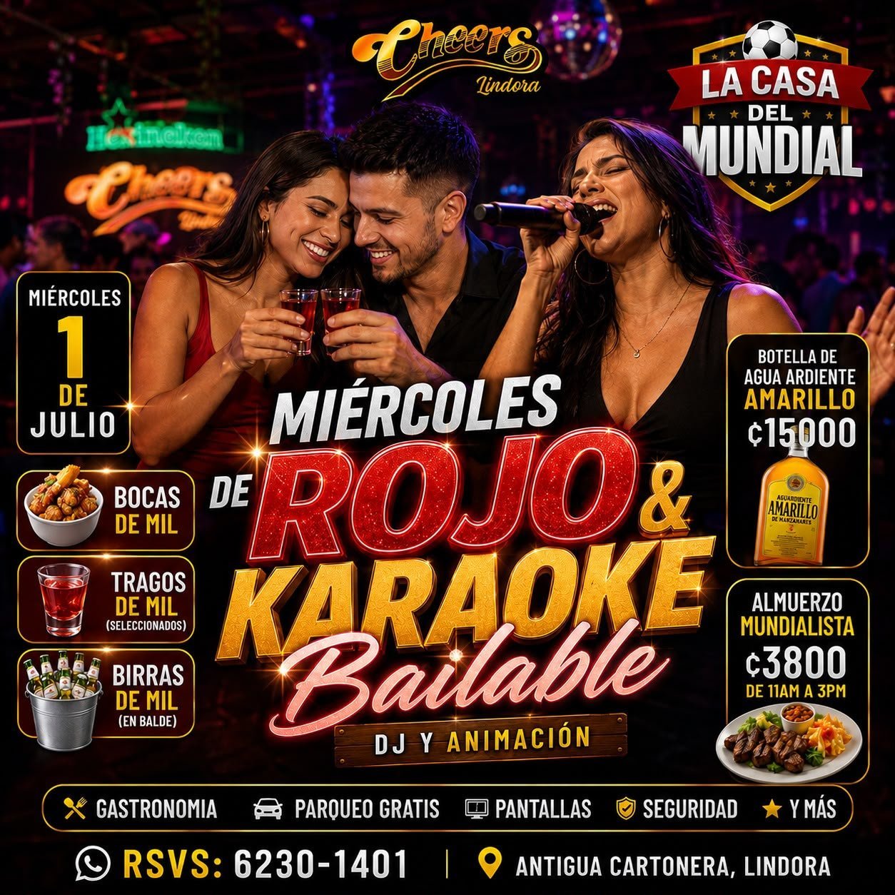 Promotional flyer for Wednesday Red and Karaoke Night at La Casa del Mundial bar featuring live singer and DJ entertainment