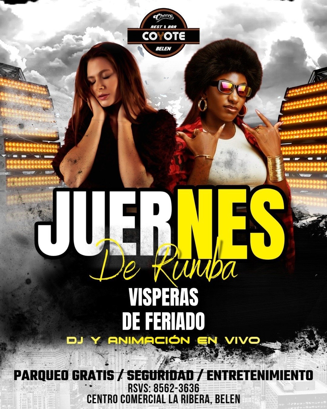Promotional flyer for Jueves de Rumba event featuring two women with city lights background and event details