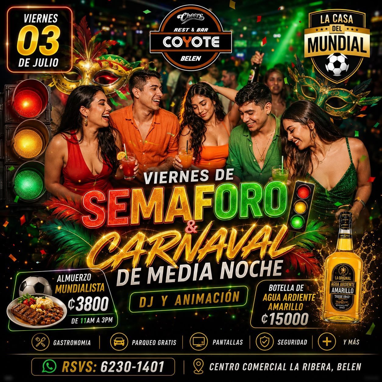 Flyer for Viernes de Semaaforo Carnaval de Media Noche party on July 3 at Coyote bar with DJ, food, and drink specials