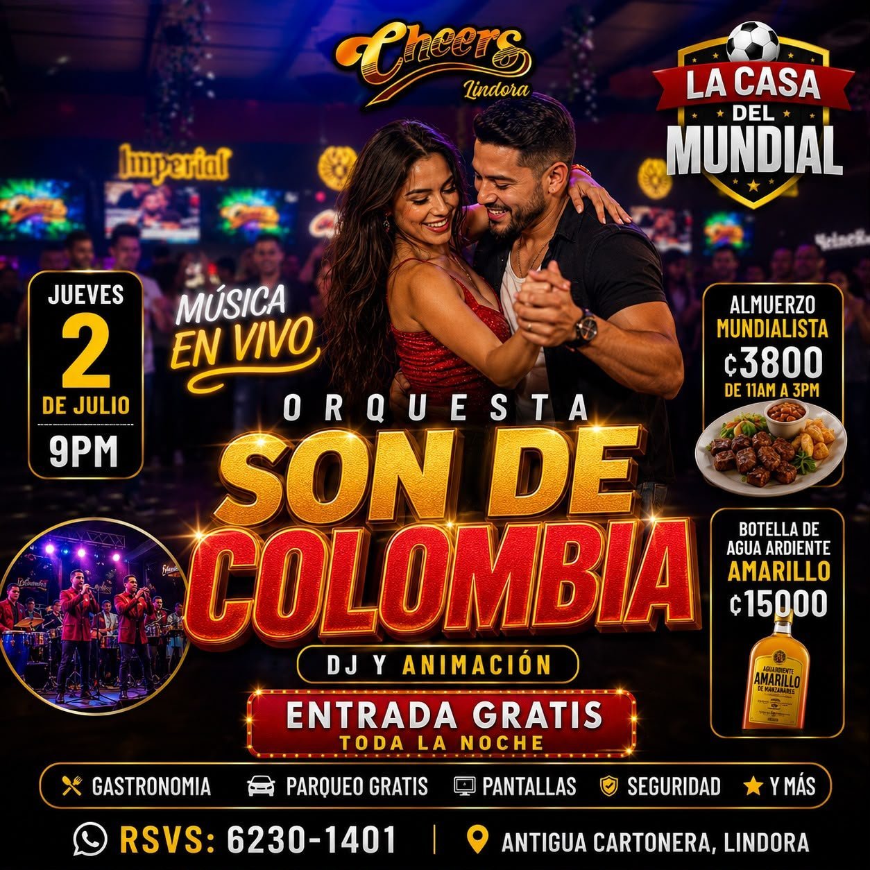 Event poster for Orquesta Son de Colombia live music performance on July 2 at Cheers Lindora bar with couple dancing and drink specials