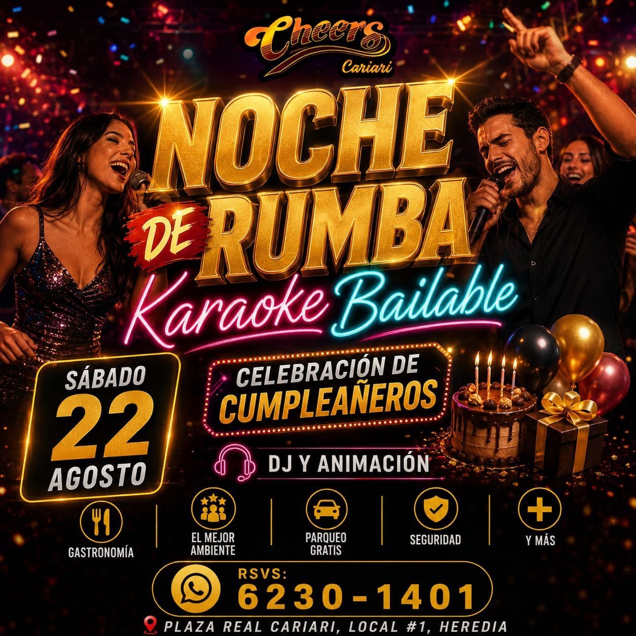 Noche de Rumba karaoke event flyer with dancing couple, celebration details, and venue information for August 22
