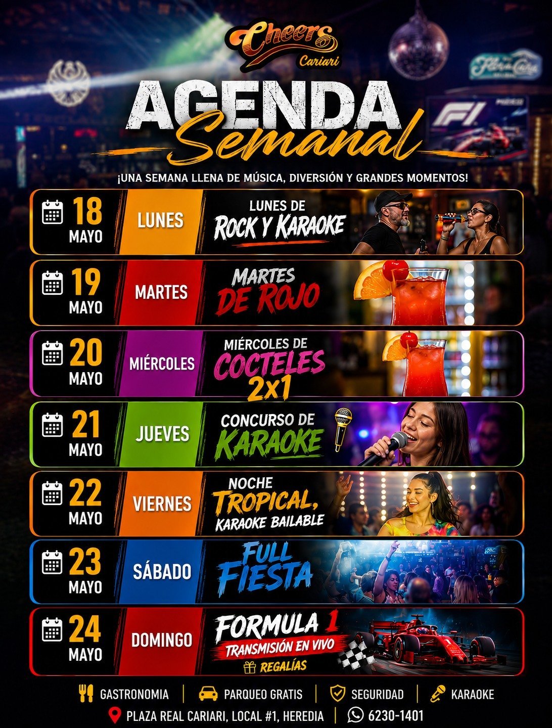 Cheers Cariari weekly event agenda from May 18-24