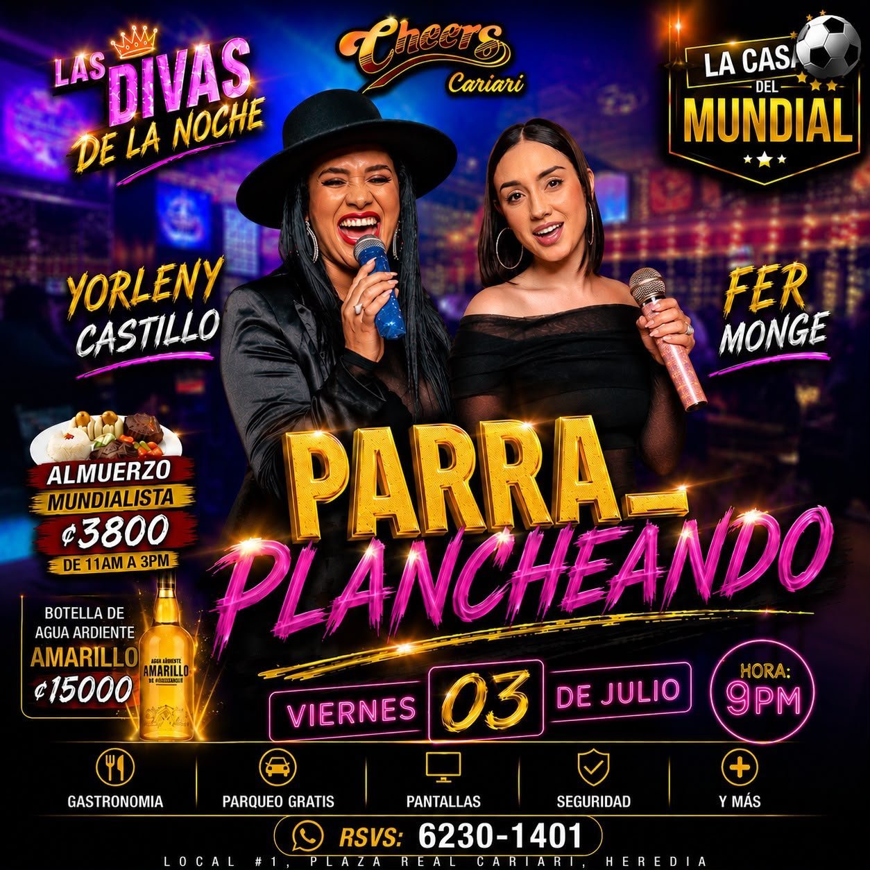 Promotional poster for Parra Plancheando event featuring performers Yorleny Castillo and Fer Monge on Friday July 3rd at 9pm