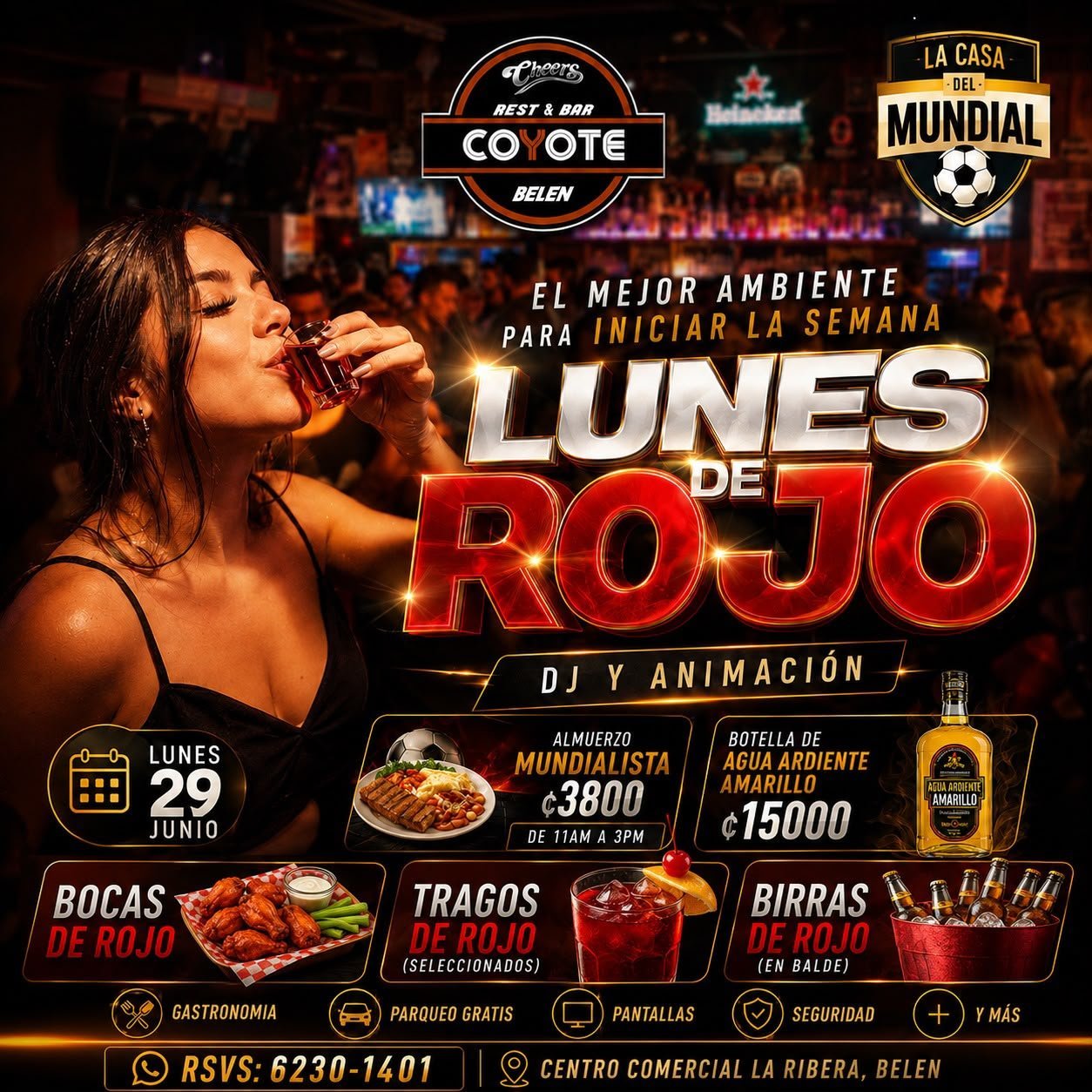 Promotional flyer for Lunes de Rojo event at Coyote Bar featuring DJ, food, drinks, and entertainment on Monday June 29