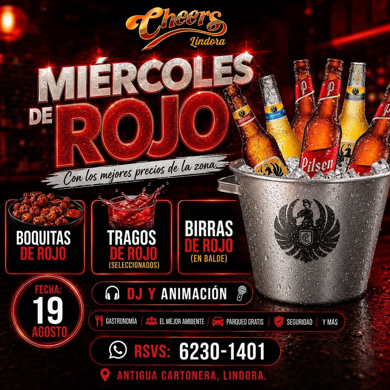 Cheers bar promotional poster for Red Wednesdays featuring beer bottles in ice bucket, red boquitas and tragos, DJ and entertainment on August 19