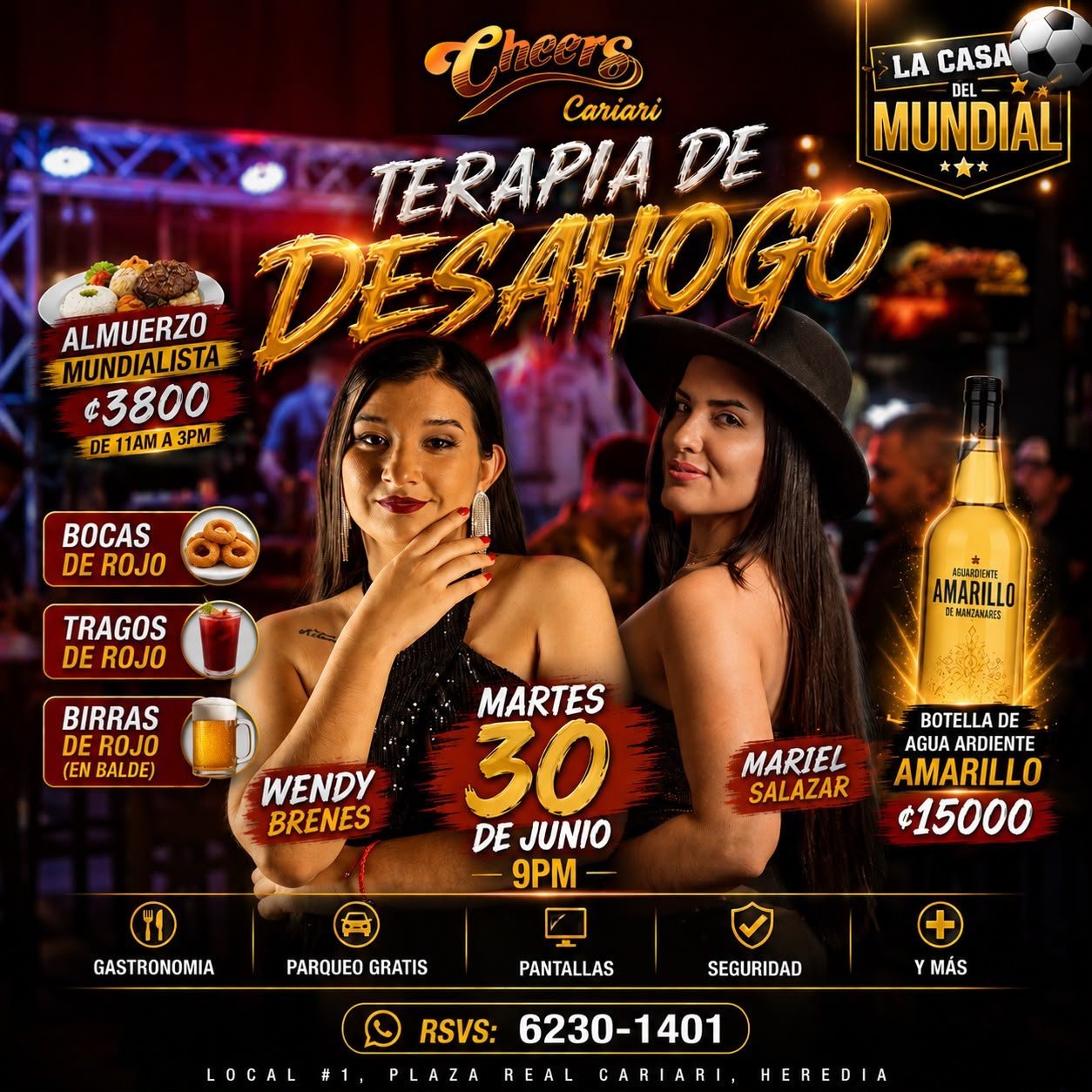Cheers bar event poster for Terapia de Desahogo on Tuesday June 30 at 9pm featuring drinks deals and two women in elegant attire