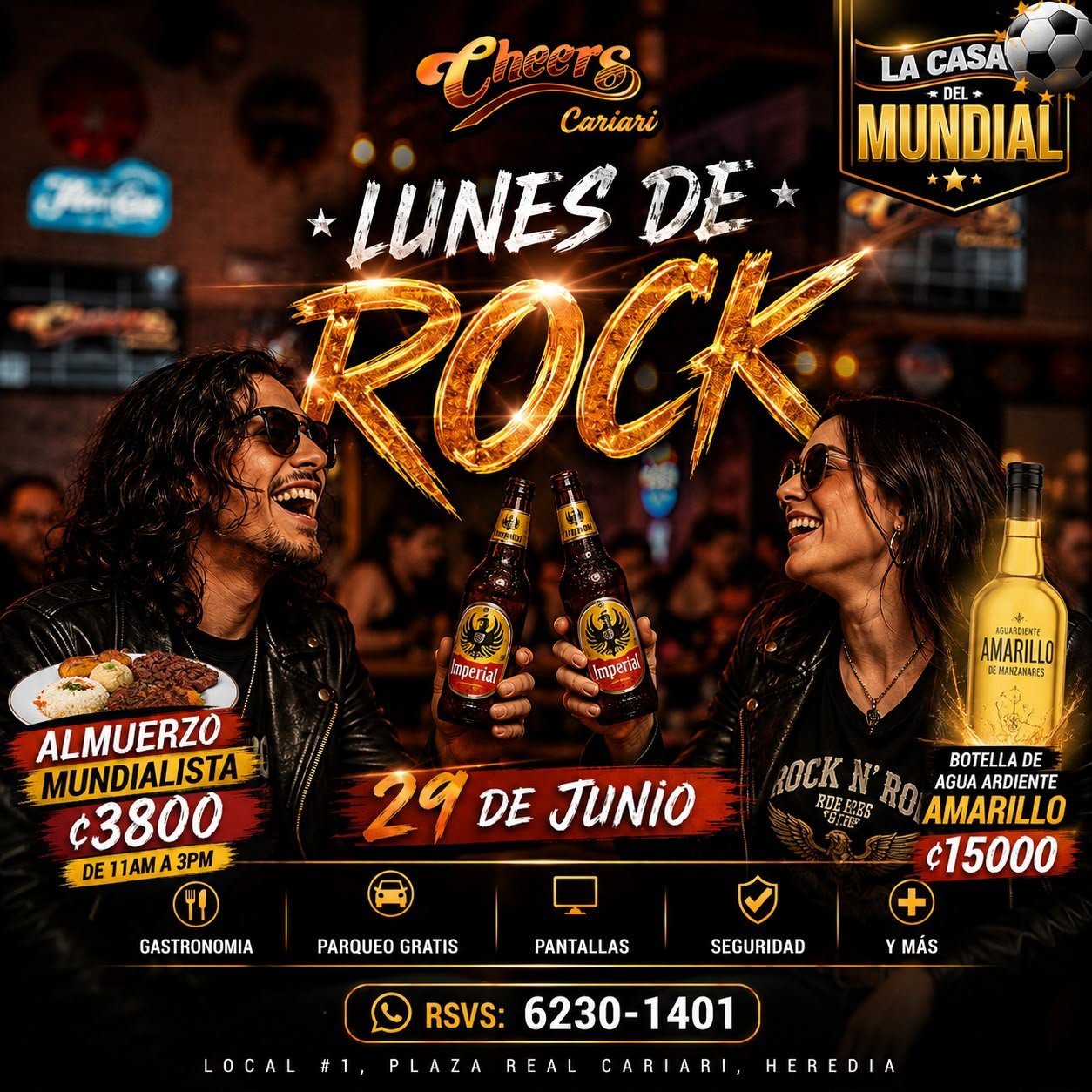 Lunes de Rock event poster at Cheers Cantina featuring two people toasting beer bottles, with promo details and dates for June 29