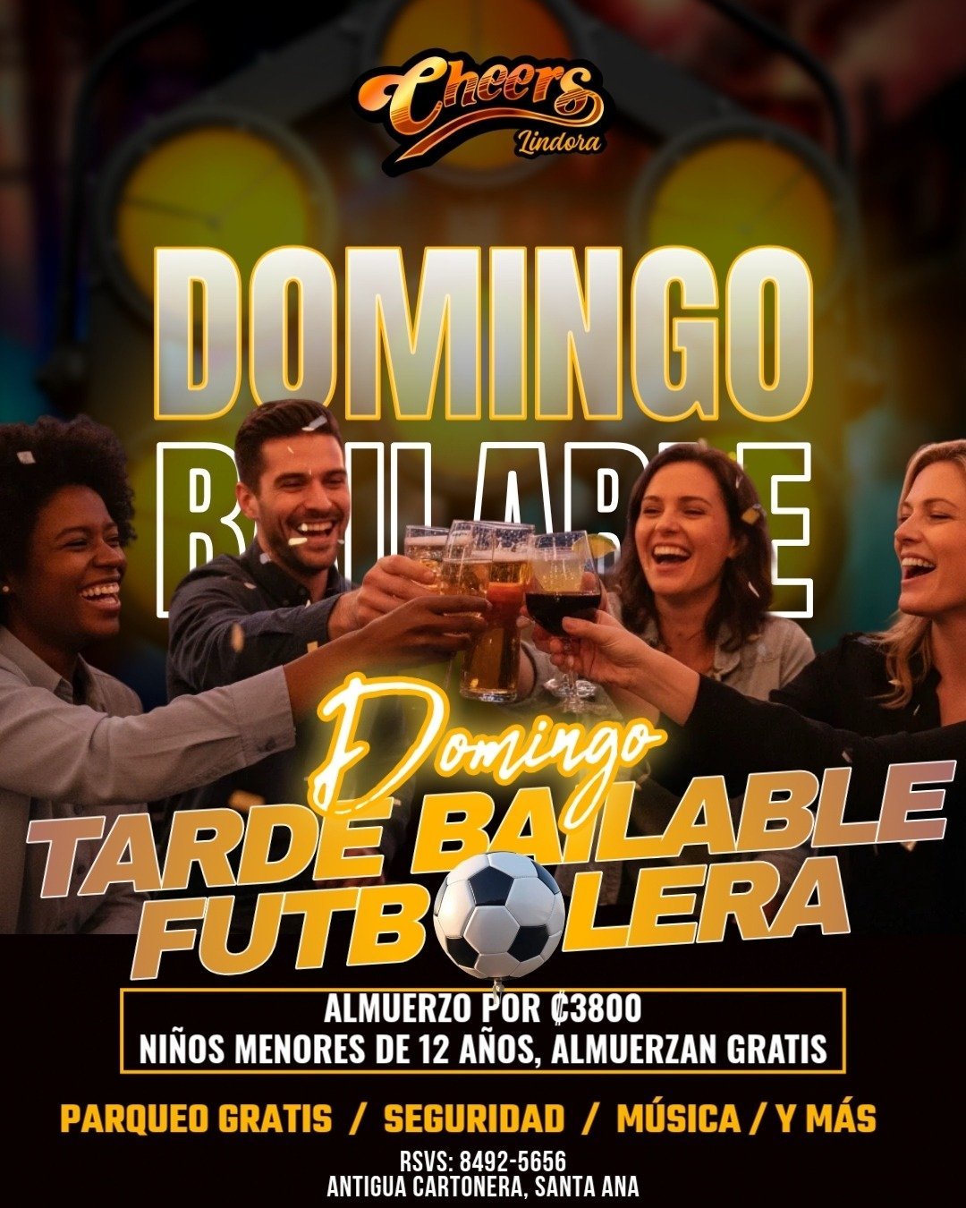 Cheers Cantina Sunday Brunch promotional poster showing four people clinking drinks with text advertising happy hour specials and soccer events
