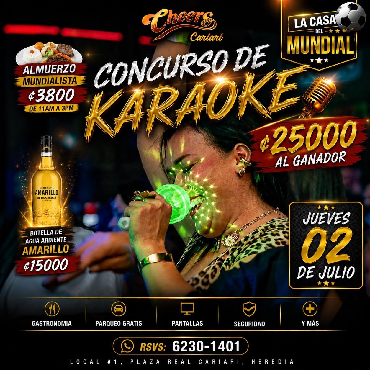 Karaoke contest poster at Cheers Cantina featuring prize money, drinks, and event details for July 2nd
