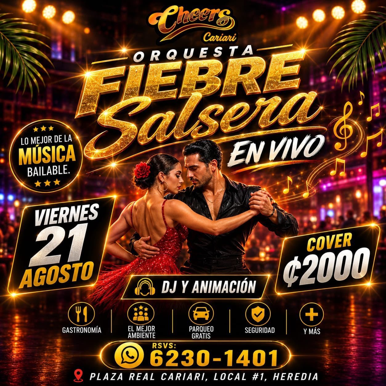 Orquesta Fiebre Salsera promotional flyer for live salsa music event on August 21 at Cheers nightclub with couple dancing