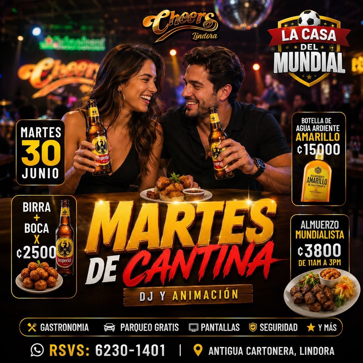 Cantina bar event flyer for Martes de Cantina featuring couple toasting with beer, special food and drink offers, June 30 event details and contact information