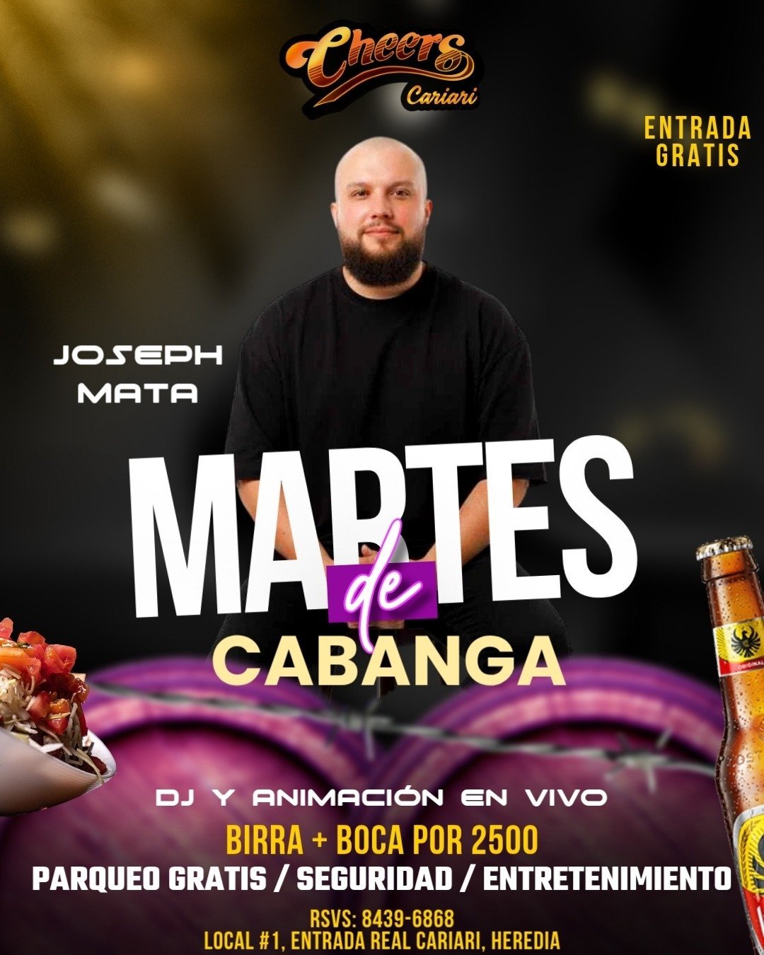 Promotional flyer for Martes de Cabanga event at Cheers Cerveceria featuring Joseph Mata with free entry, DJ, and drink special