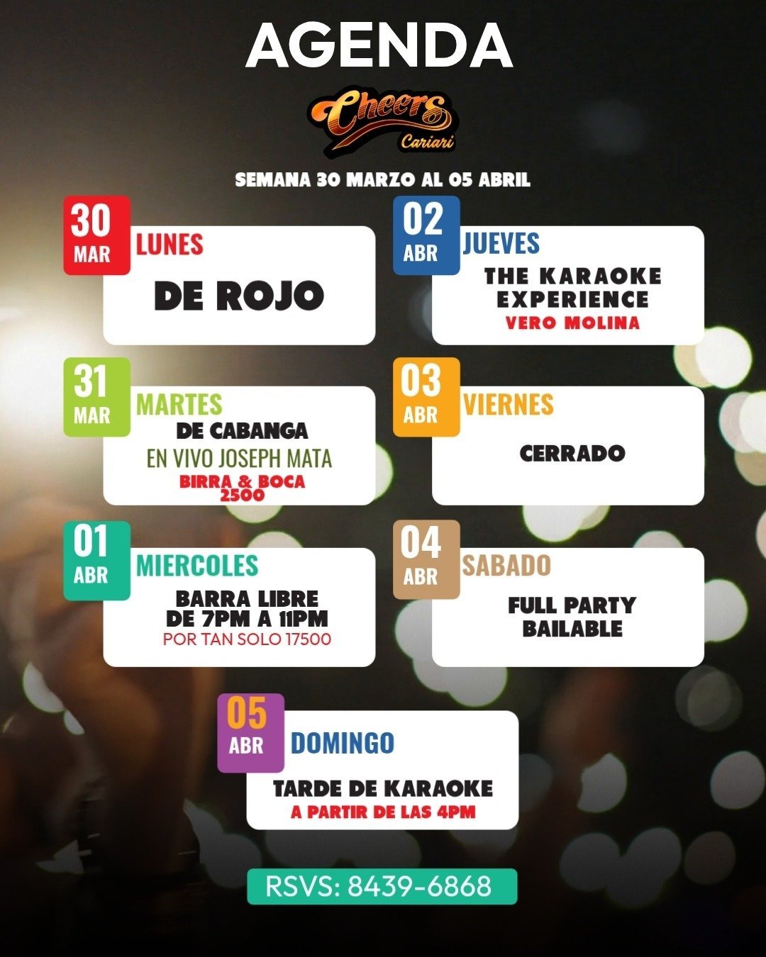 Cheers Cantina weekly agenda March 30 to April 5 with live music, karaoke, bar specials and full party events