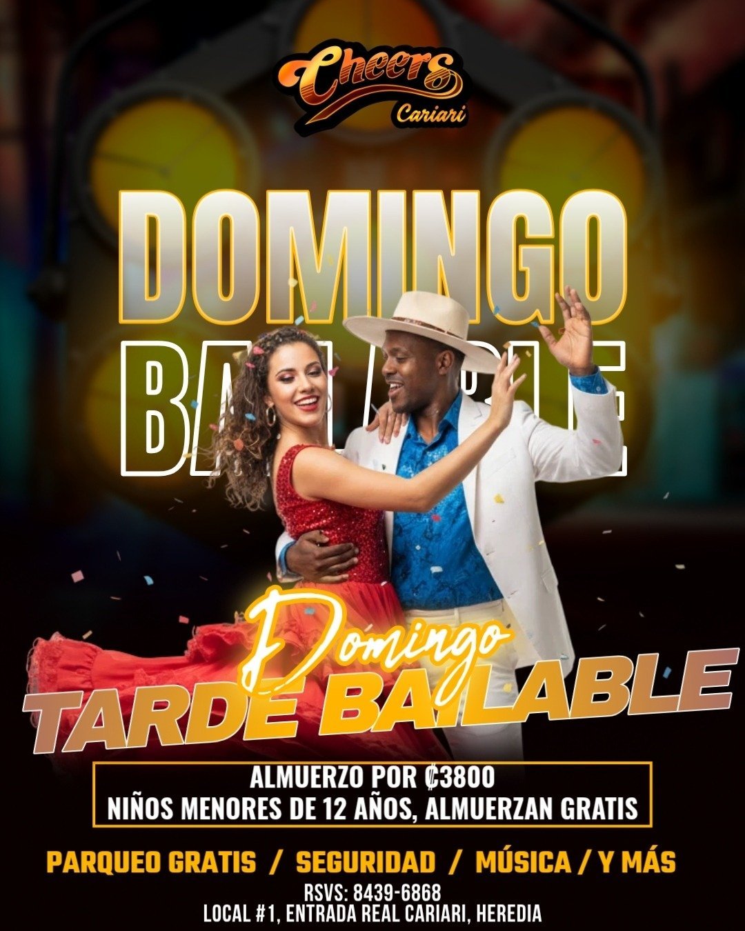 Promotional flyer for Cheers Cariari Domingo Bailabe event featuring a man and woman dancing, advertising Sunday party with free parking and music
