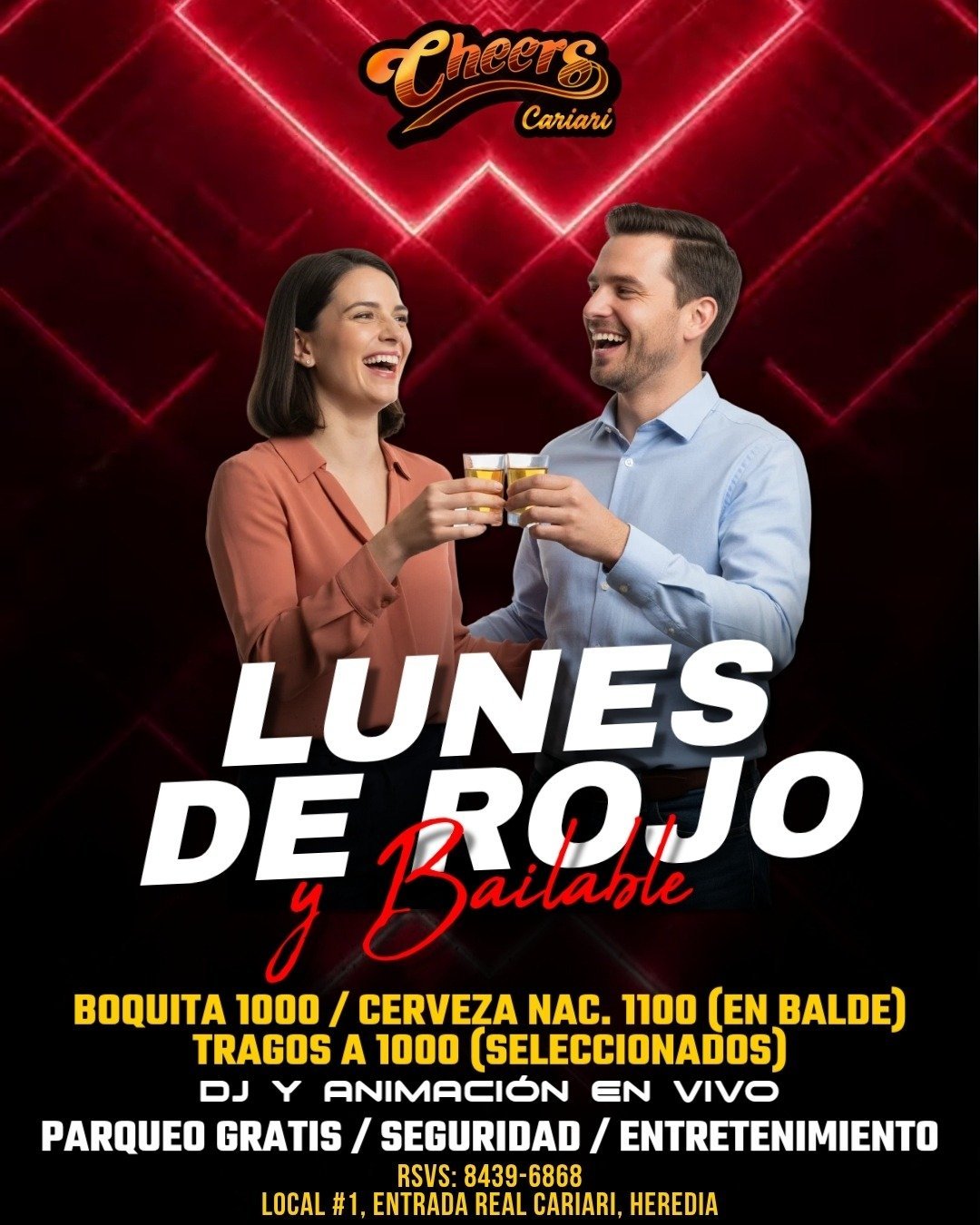 Promotional flyer for Lunes de Rojo event at Cheers Cerveceria, featuring couple toasting beers against red neon background