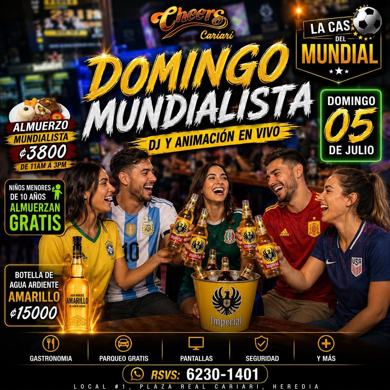 Promotional flyer for Domingo Mundialista event at Cheers Cantina featuring groups celebrating with drinks and the date July 5