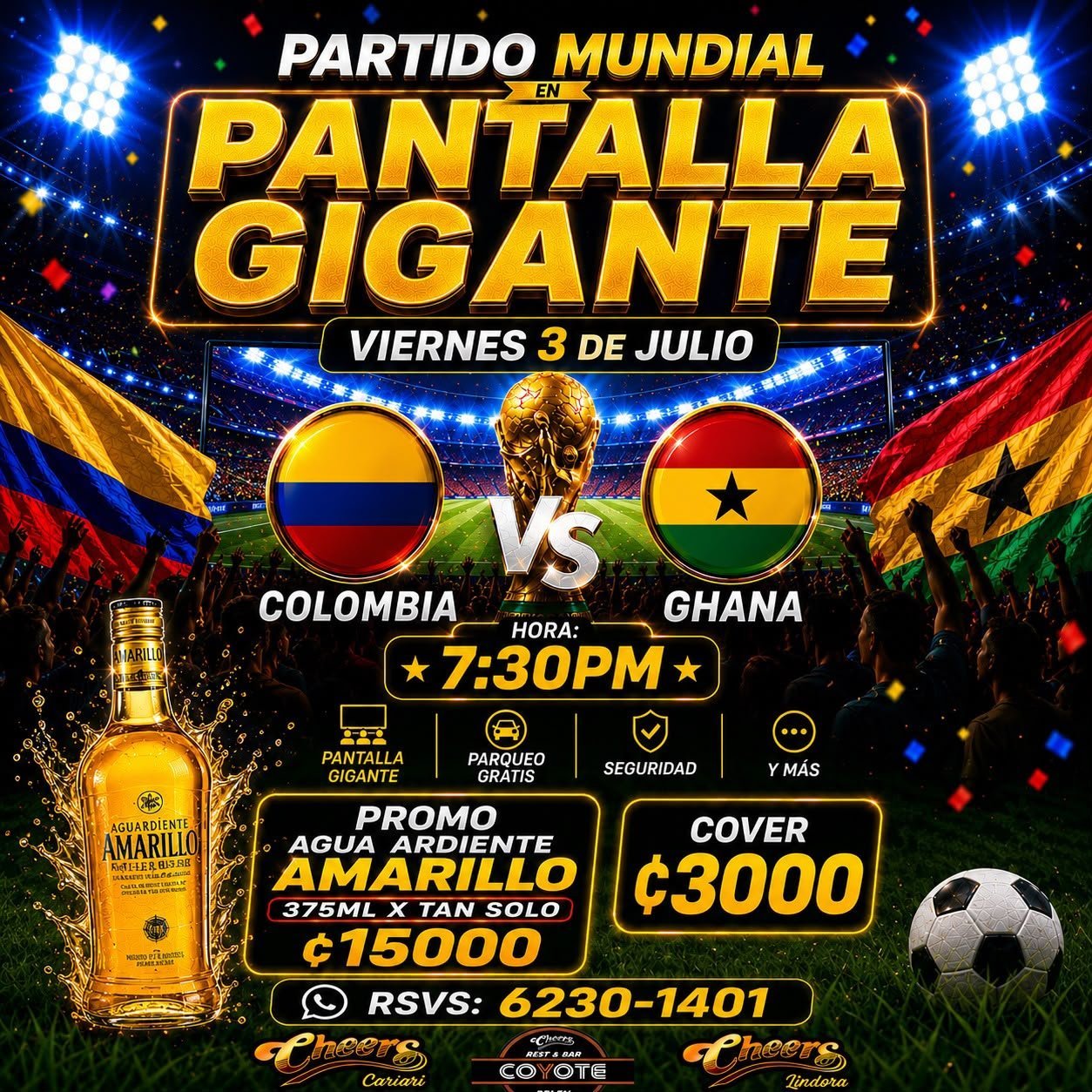 World Cup game promotion poster for Colombia vs Ghana on July 3 at 7:30PM with drink specials and cover charge details