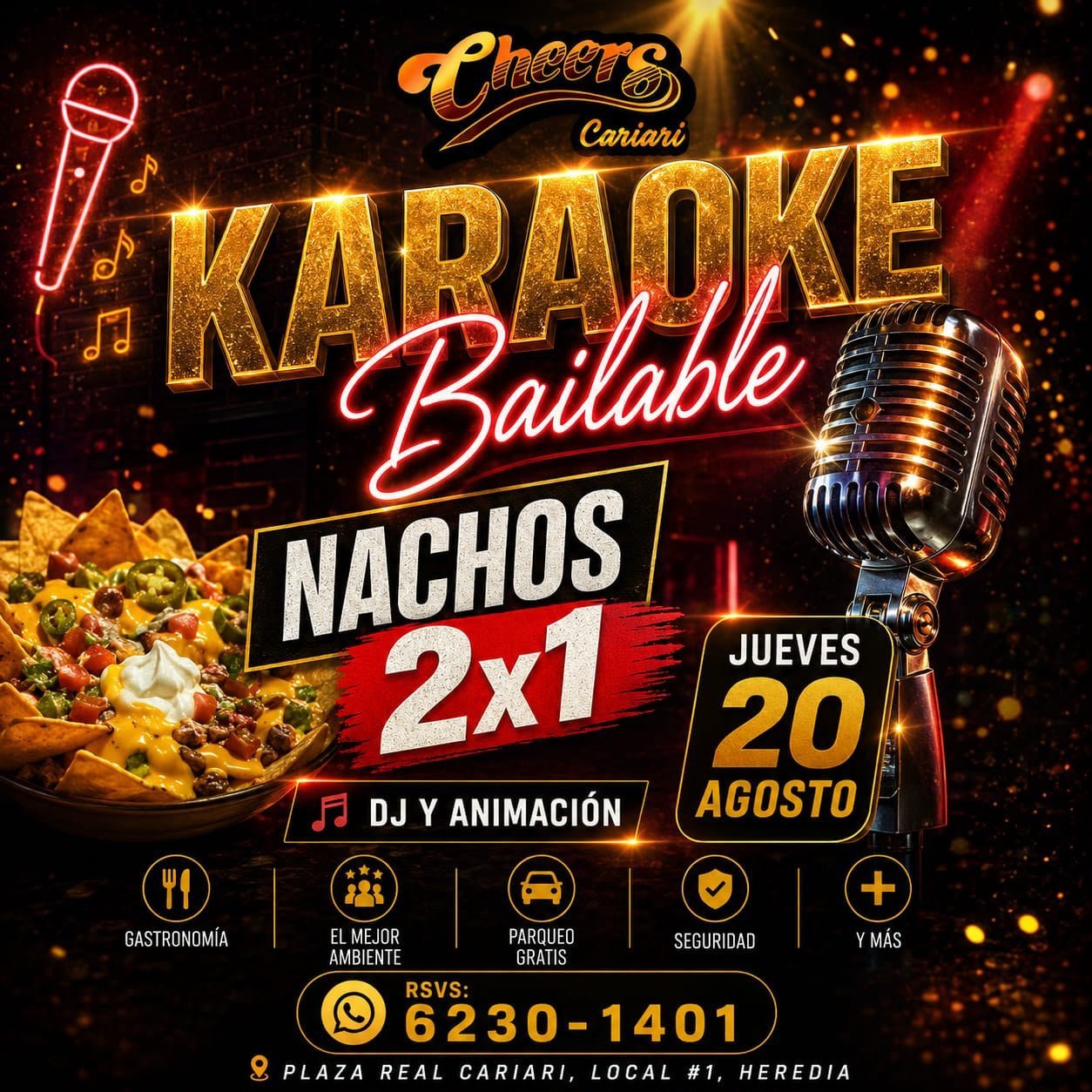 Karaoke Bailabl event flyer for Cheers Cervaart with gold text, microphone, nachos 2x1 promo, August 20 event details and contact information