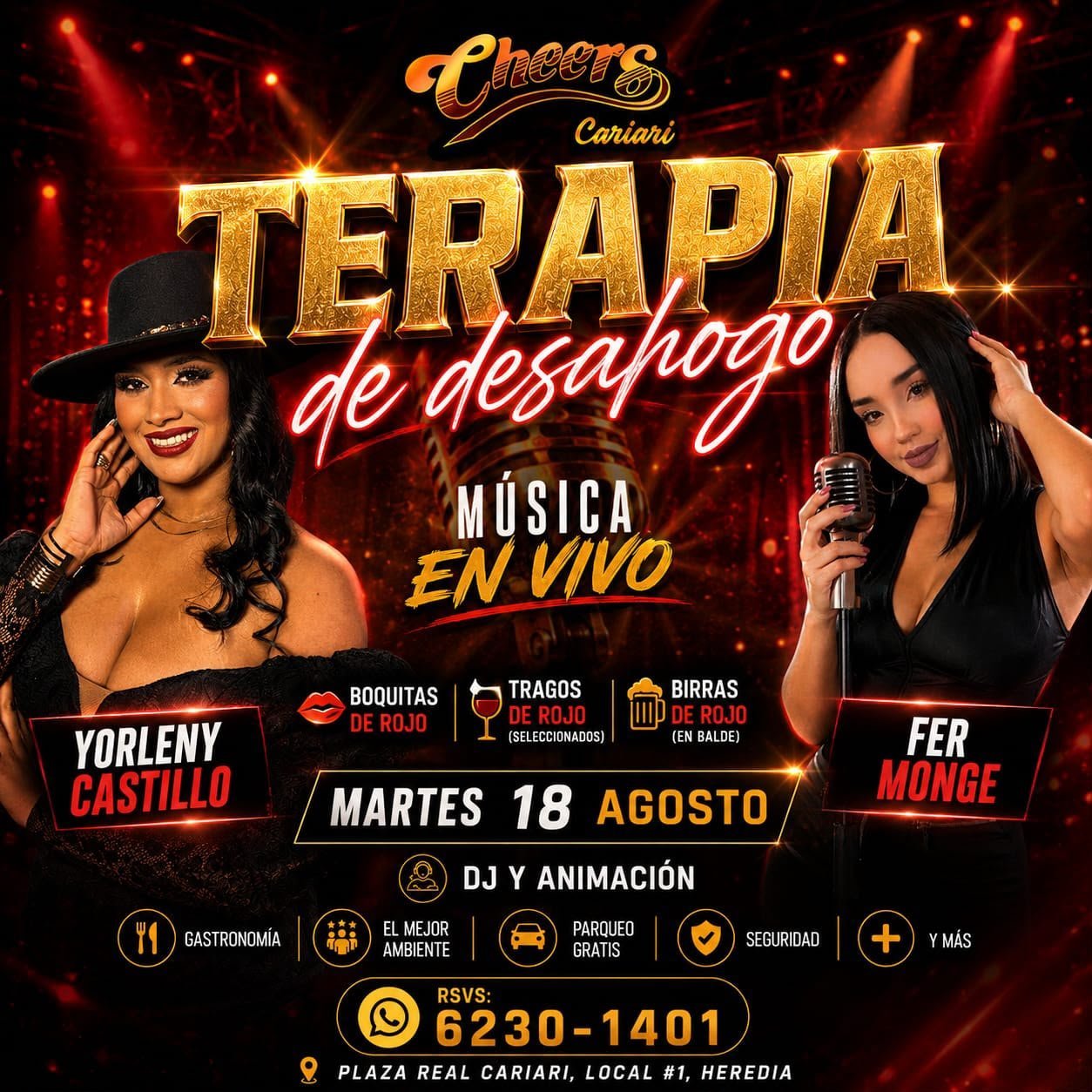 Terapia de Desahogo live music event poster featuring performers Yorleny Castillo and Fer Monge at Cheers Cantina
