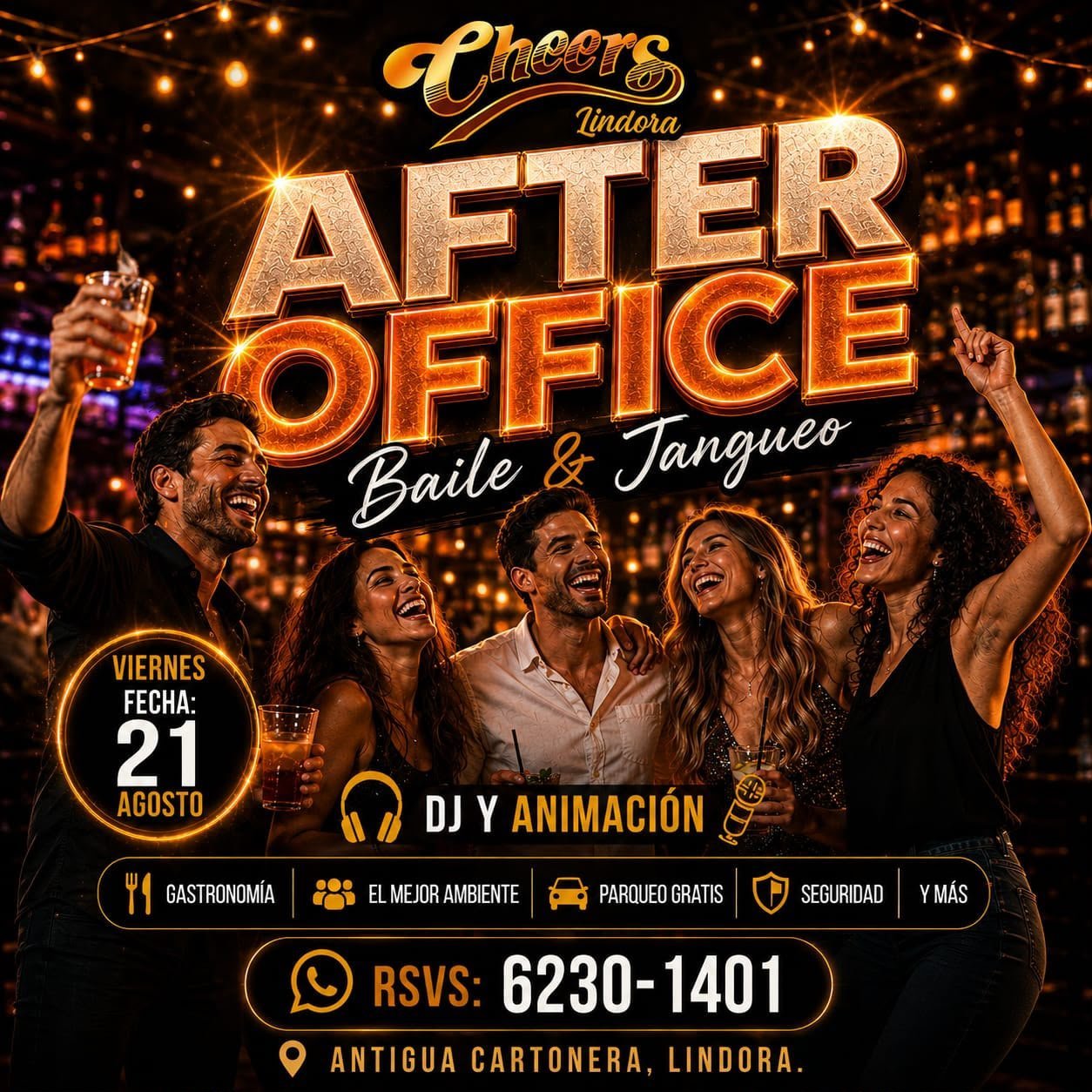 Cheers After Office party poster with dancing people, golden lights, event details for Friday August 2 at Antigua Cartonera venue