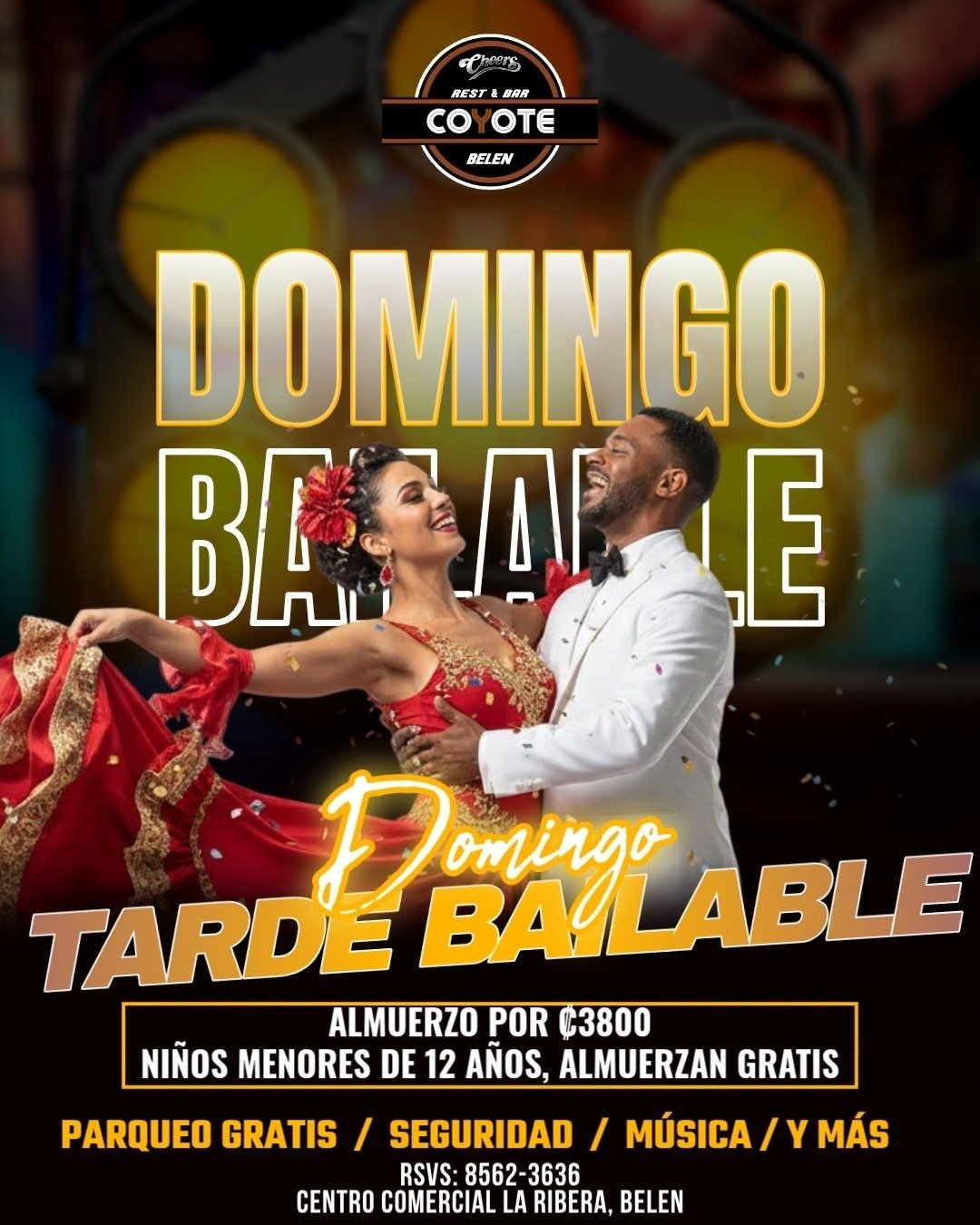 Coyote Beer promotional poster for Domingo Bailadle event featuring a couple dancing in traditional red attire at Centro Comercial La Ribera