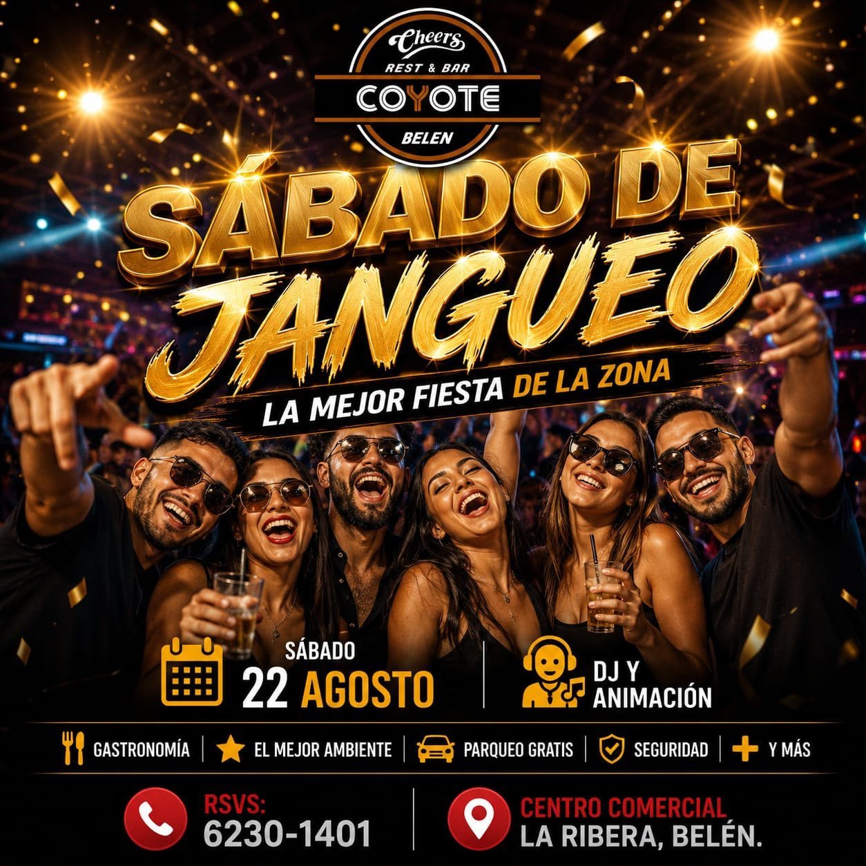 Sabado de Tangueo party flyer at Coyote Bar in Belen on August 22, featuring young adults celebrating with drinks under golden lights