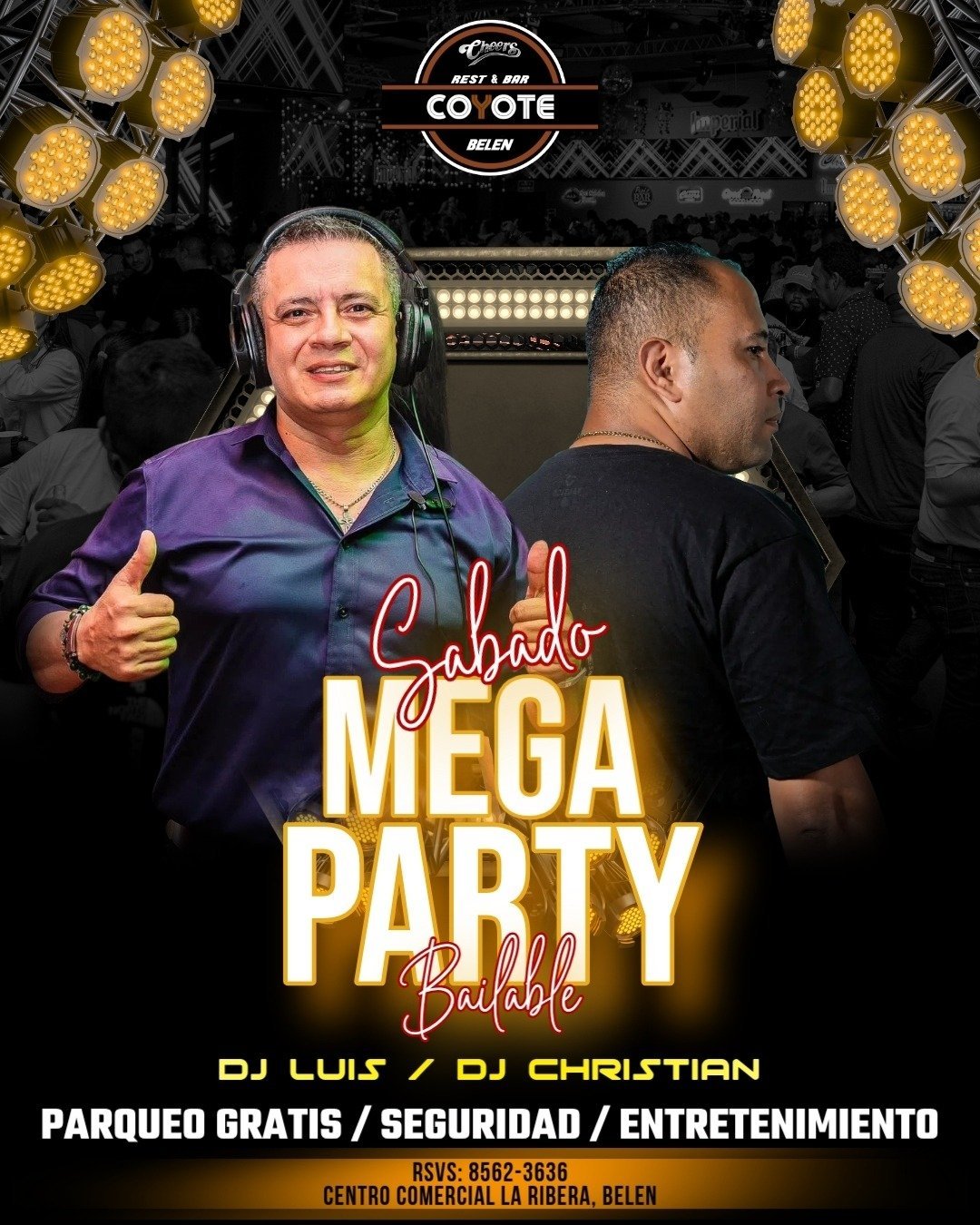 Promotional flyer for Sábado Mega Party Bailahe featuring two DJs, with gold balloon decorations and event details